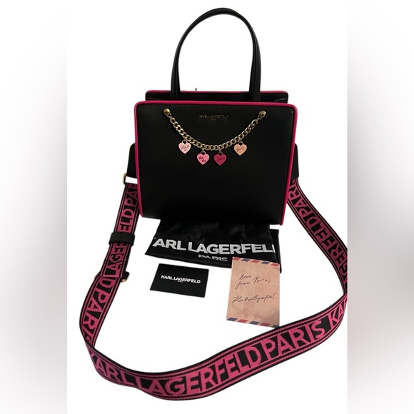 New KARL KAHERFEKD PARIS BLACK FUSCHIA LOVE STYLE CROSSBODY BAG - Picture 7 of 16
